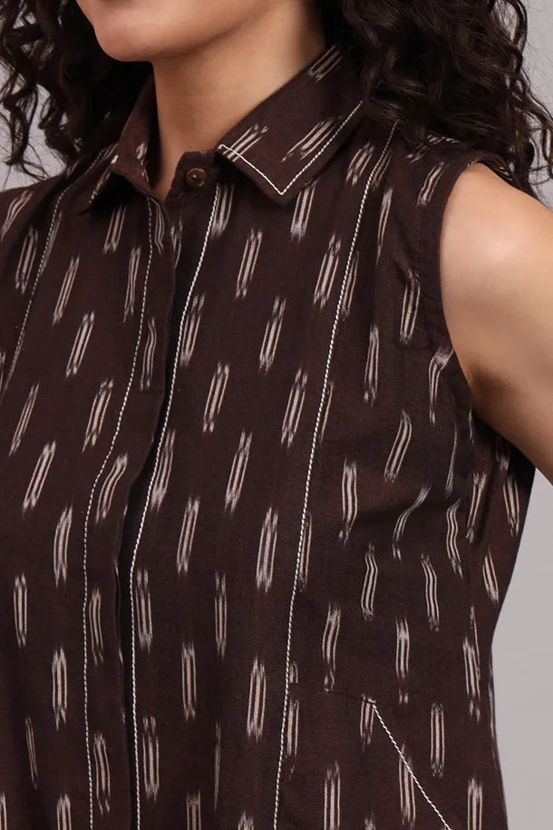 Brown Handloom Iket Sleeveless Dress