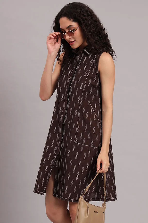 Brown Handloom Iket Sleeveless Dress