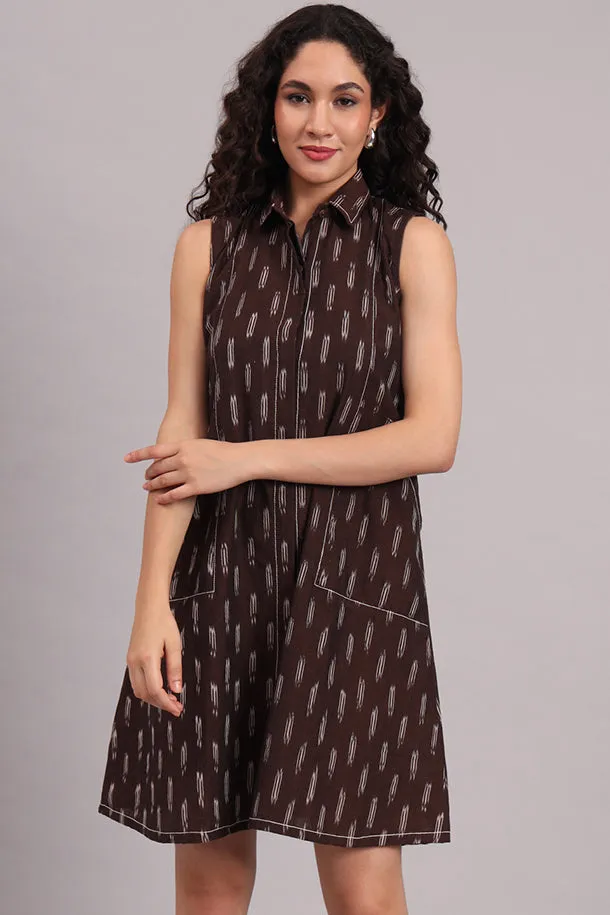 Brown Handloom Iket Sleeveless Dress