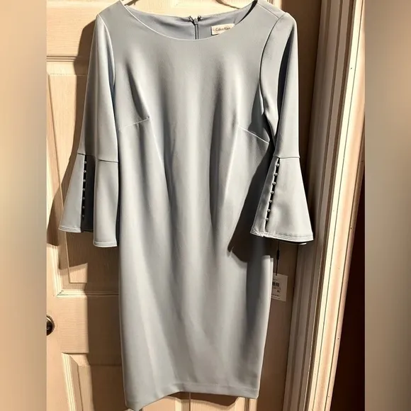 Calvin Klein Light Blue Dress Pearl Accents Bell Sleeves‎ Size 10 Lined Career