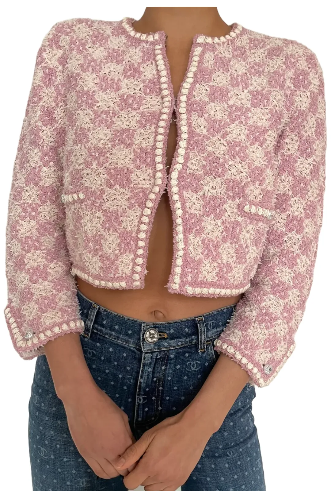 CHANEL SS23 Pink and Ecru Tweed Knit Crop Cardigan