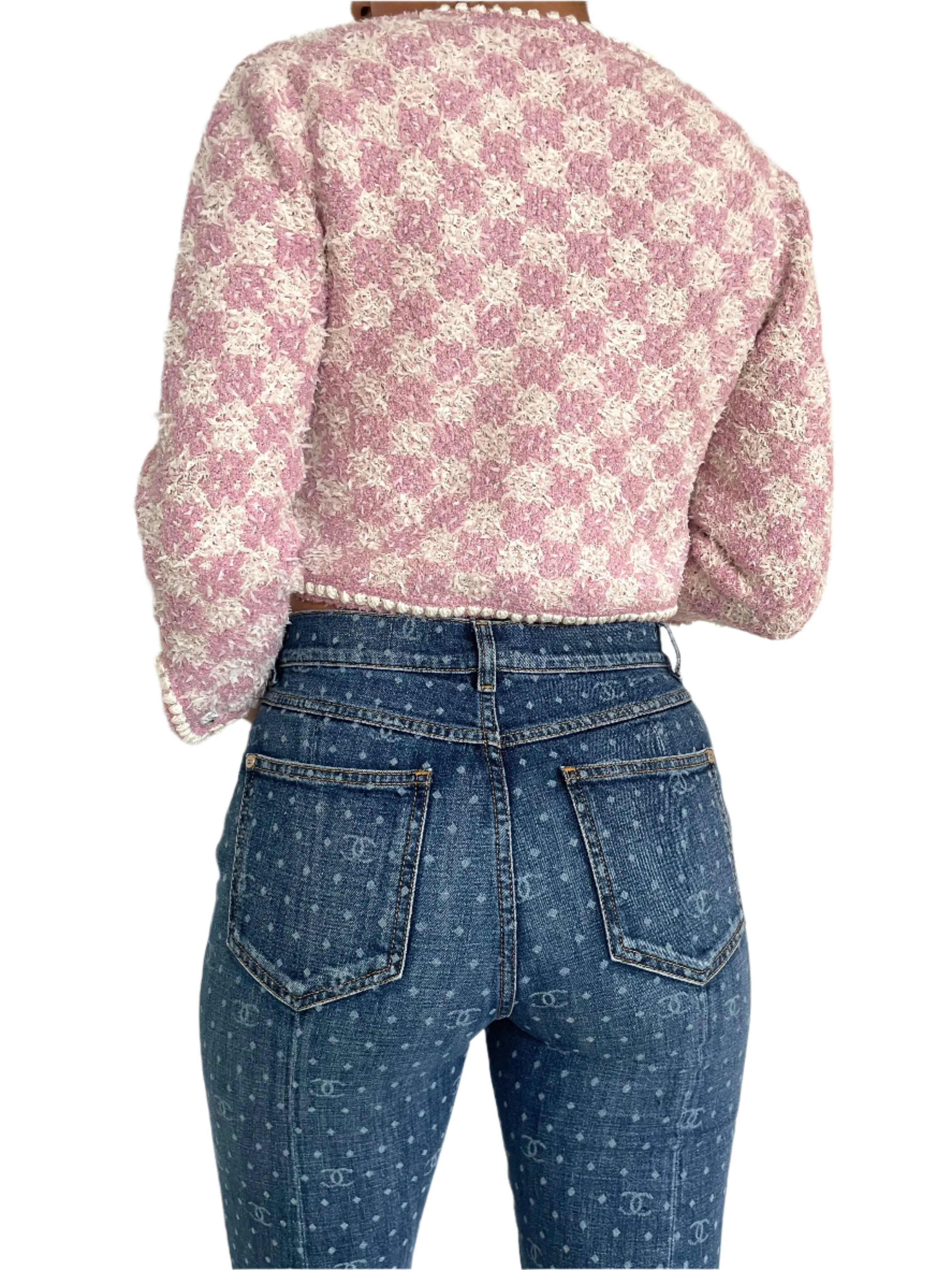 CHANEL SS23 Pink and Ecru Tweed Knit Crop Cardigan