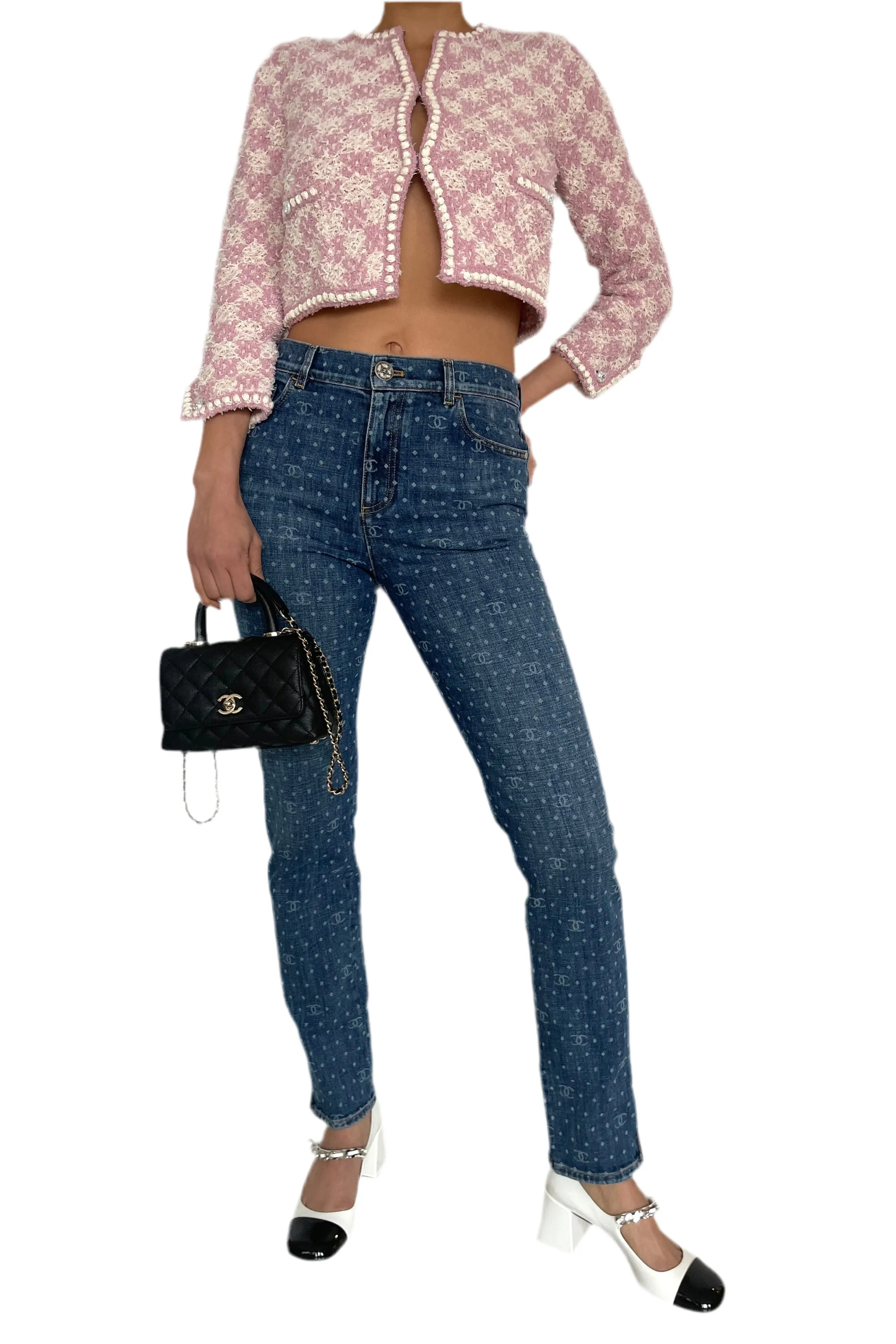 CHANEL SS23 Pink and Ecru Tweed Knit Crop Cardigan