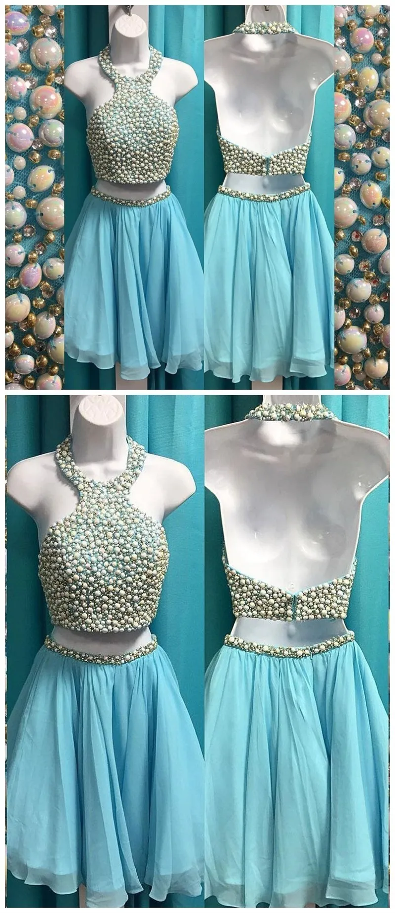 Cheap Halter Two Piece Rhinestone Blue Homecoming Dresses, CM498