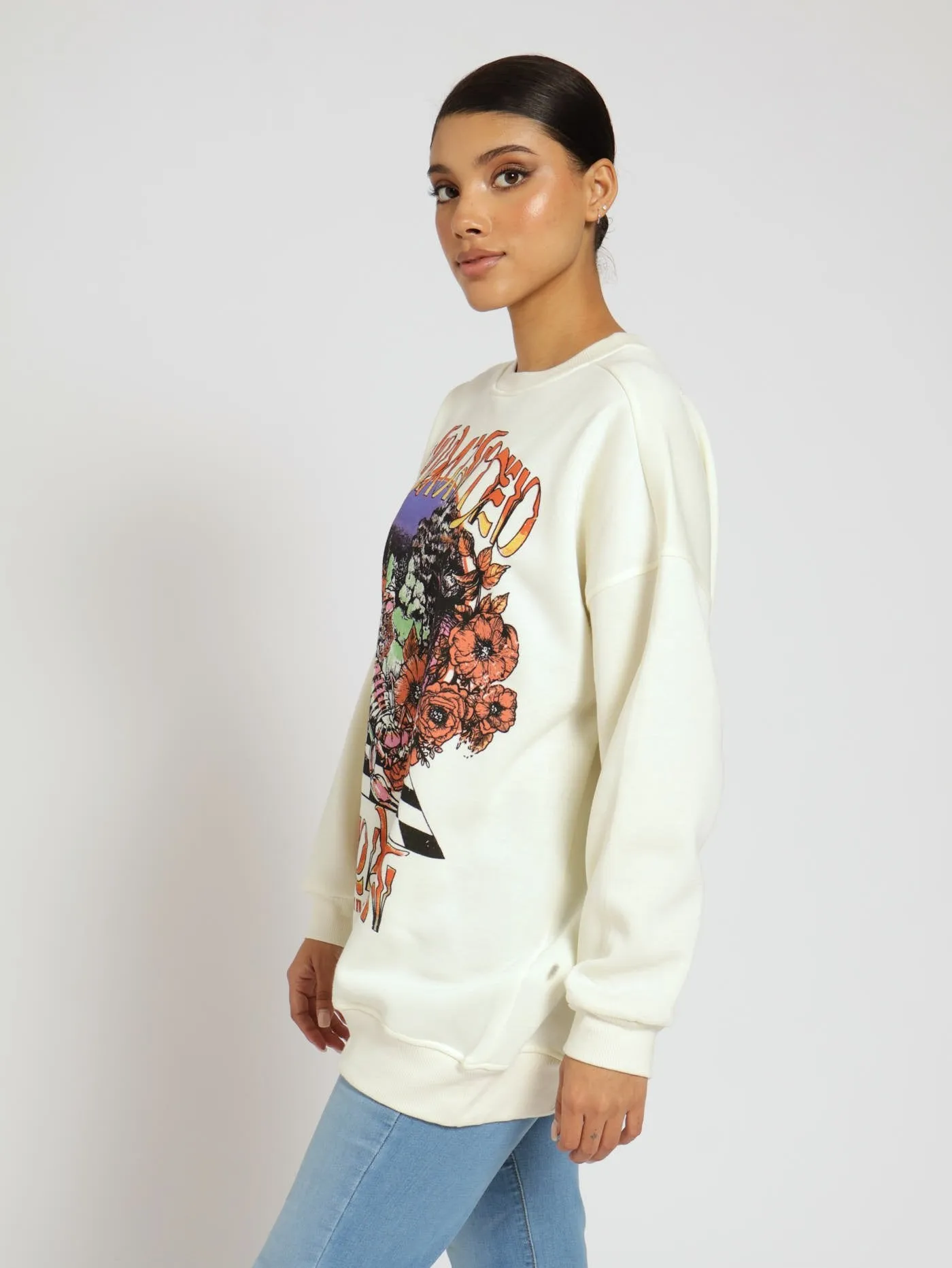 Check Printed Oversized Crew Top - Cream