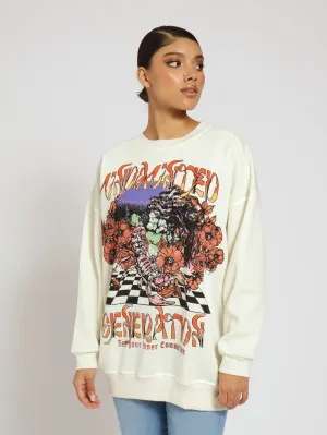 Check Printed Oversized Crew Top - Cream