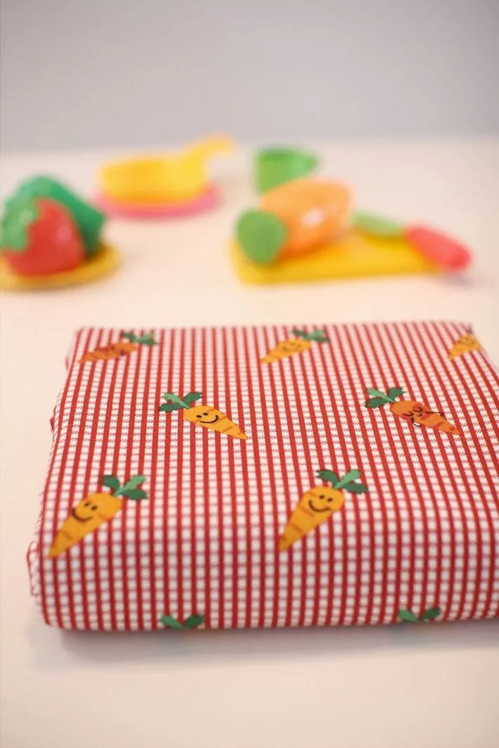 Checker and Carrots Cotton Fabric, Plaid and Carrots, Quality Korean Fabric - Black, Yellow, Red, Green - By the Yard /50394