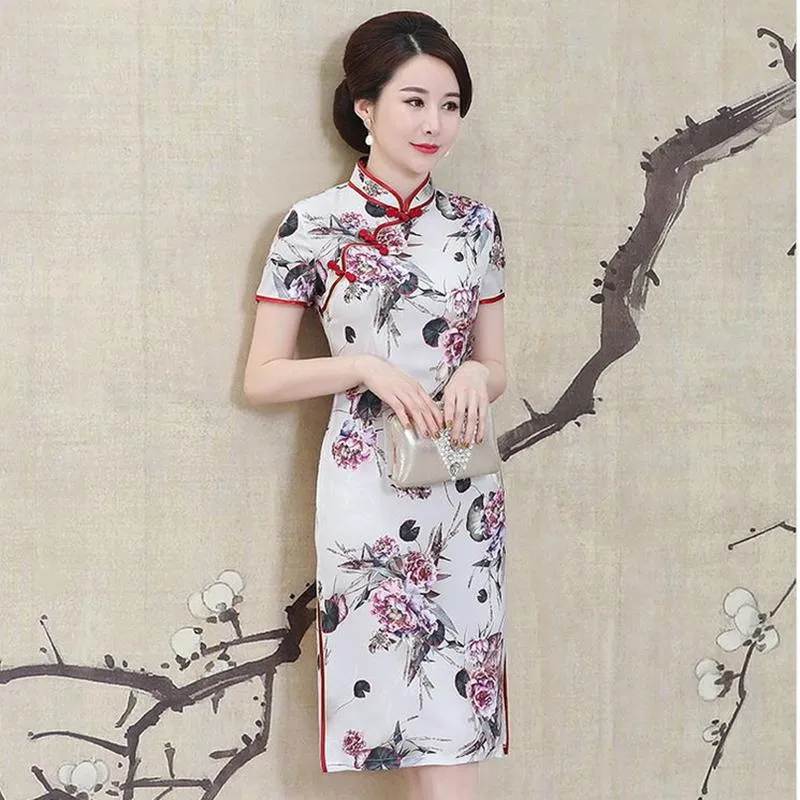 Cheongsam Female Summer Improved Cheongsam Mother Dress Large Size Silk Mid-length Short-sleeved Cheongsam Dress