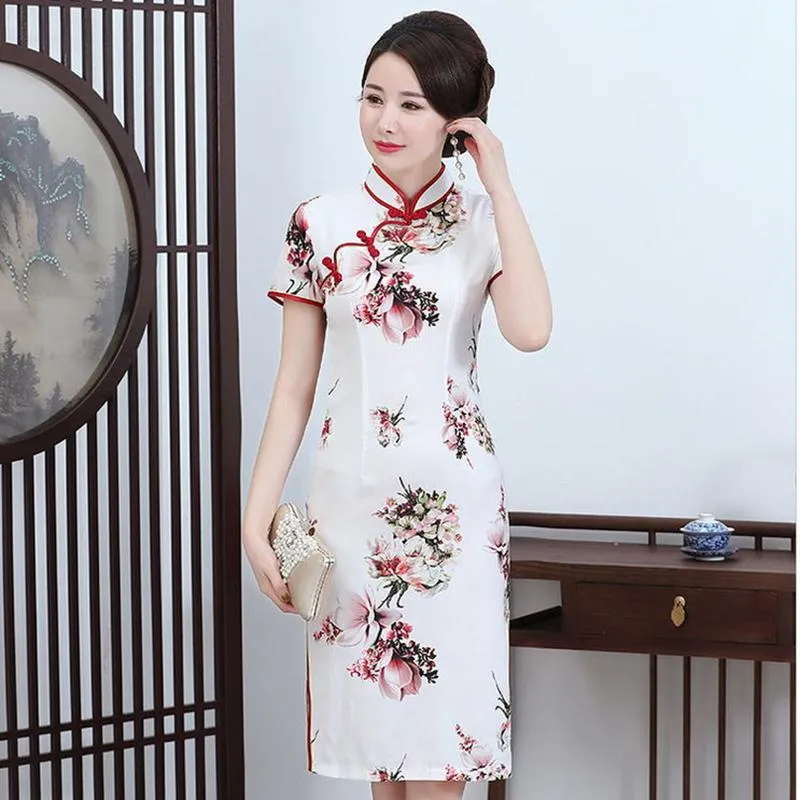 Cheongsam Female Summer Improved Cheongsam Mother Dress Large Size Silk Mid-length Short-sleeved Cheongsam Dress