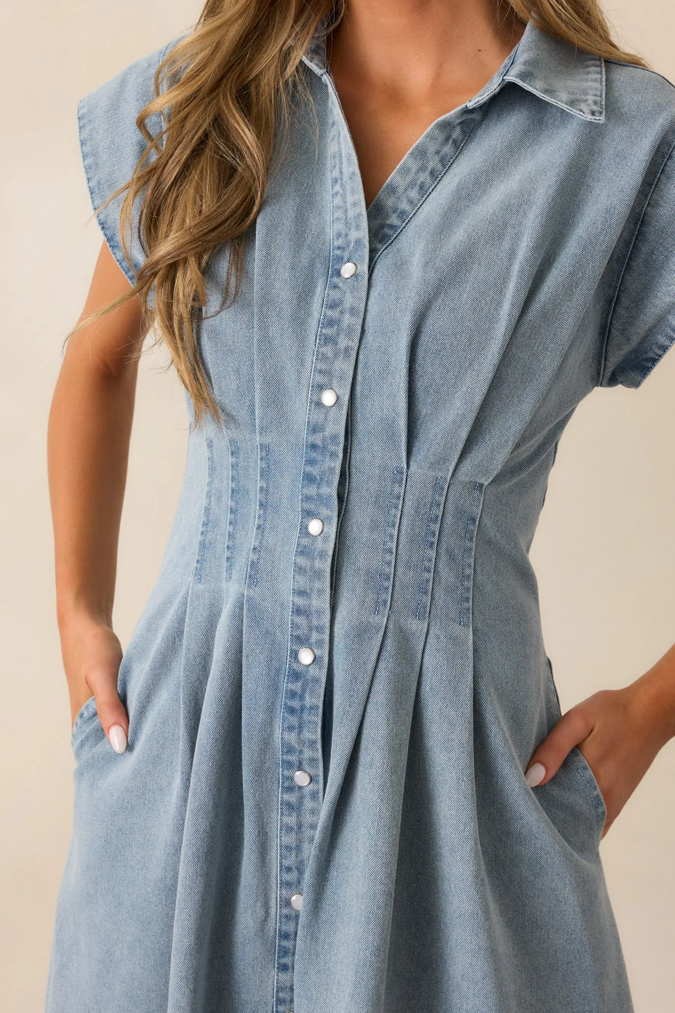 Classic Tea Party Light Wash Denim Button Front Pleated Midi Dress