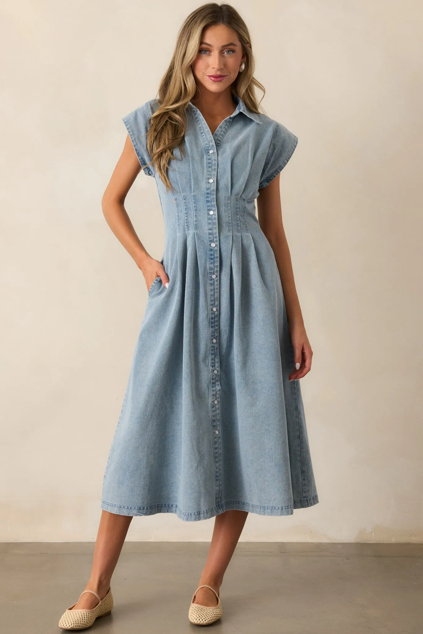 Classic Tea Party Light Wash Denim Button Front Pleated Midi Dress