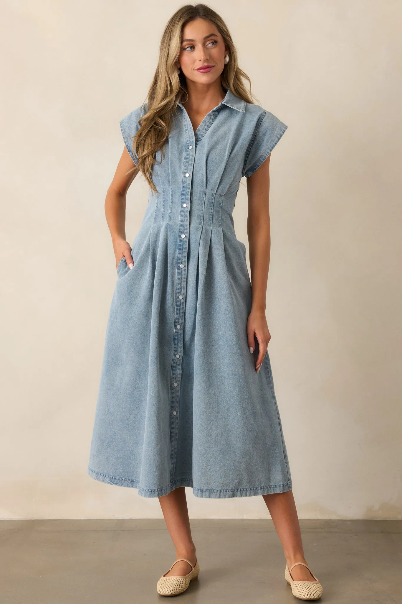 Classic Tea Party Light Wash Denim Button Front Pleated Midi Dress