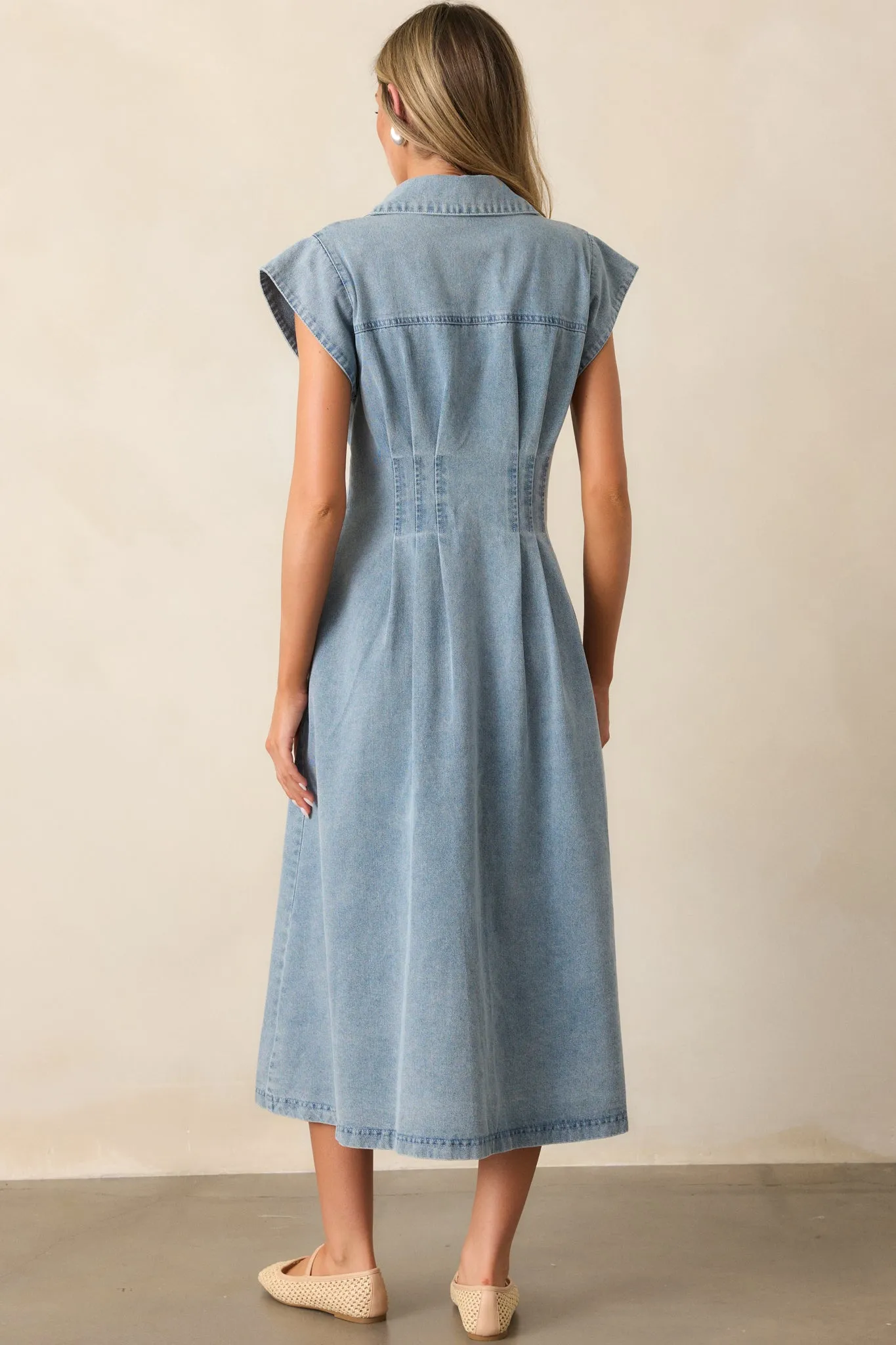 Classic Tea Party Light Wash Denim Button Front Pleated Midi Dress