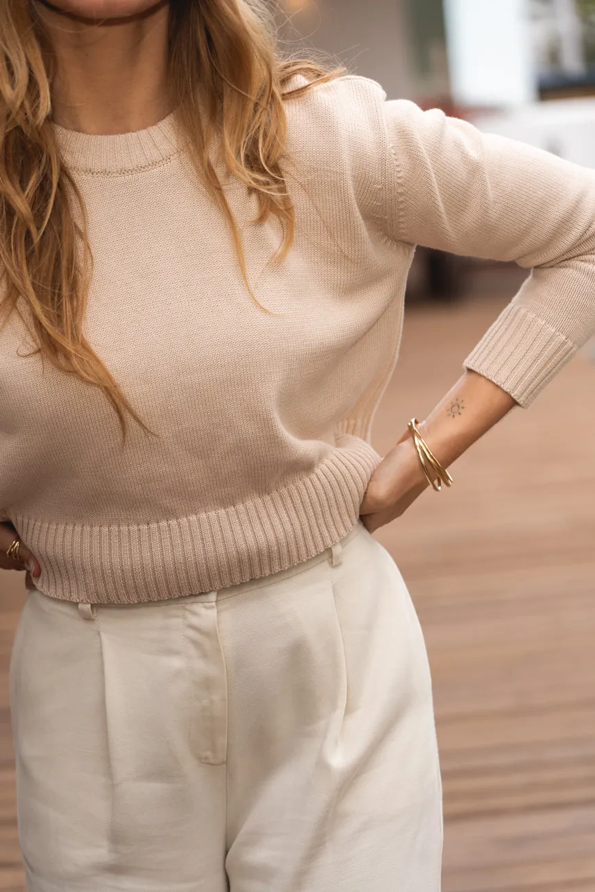Claudia Beige Cotton Crewneck