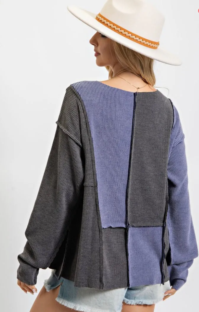 Color Block Ribbed Knit Top - Blue/Grey