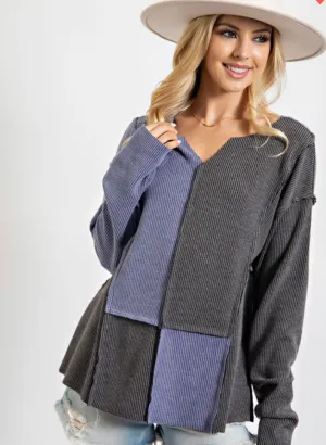 Color Block Ribbed Knit Top - Blue/Grey