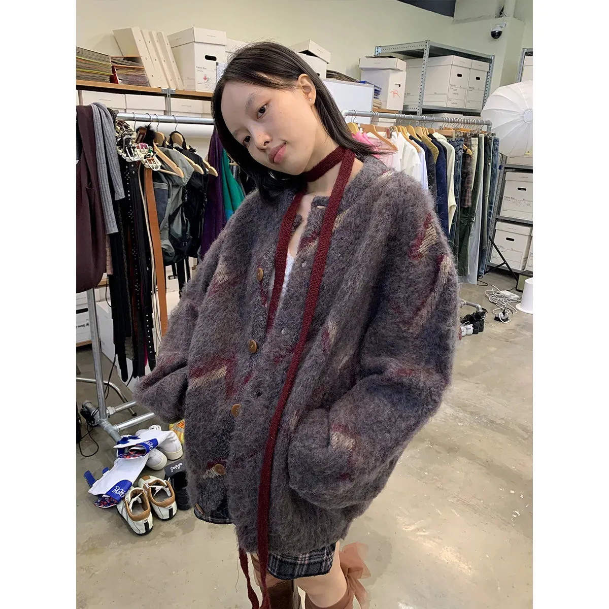 Colorblock Wool Blend Oversized Cardigan