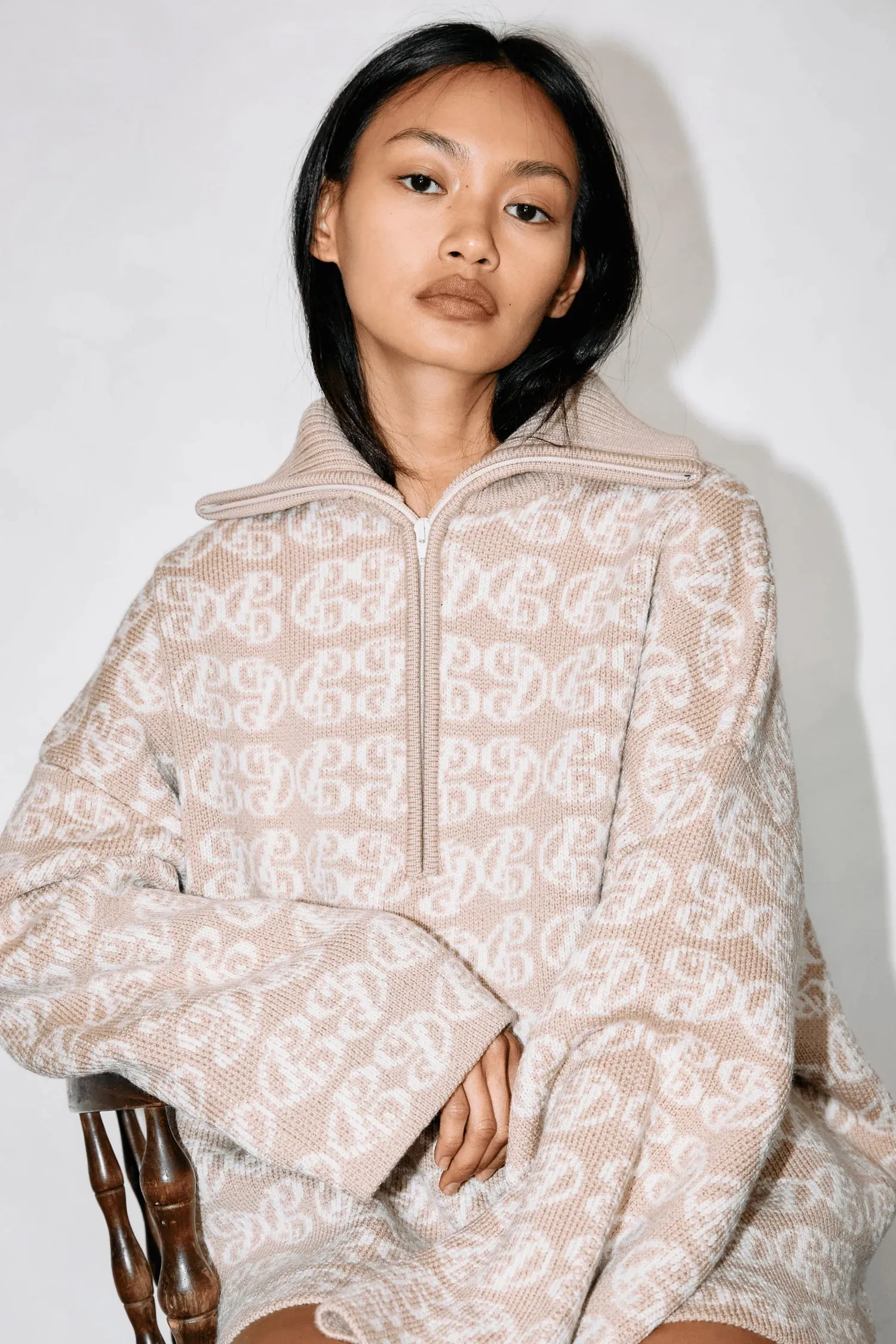 Commonplace - Chapman Monogram 1/4 Zip Sweater, Warm Sand/Cream