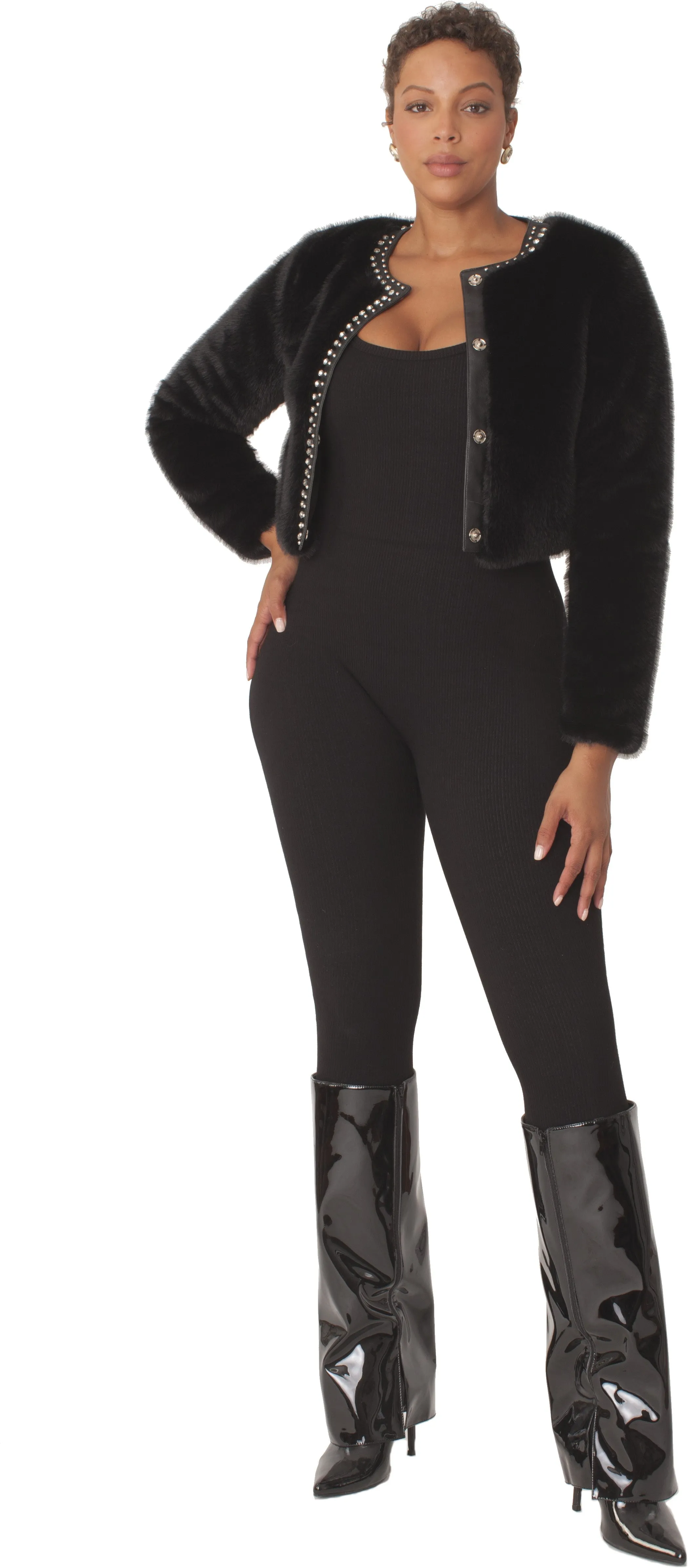 Cropped Rhinestone-Trimmed Fur Jacket -82652