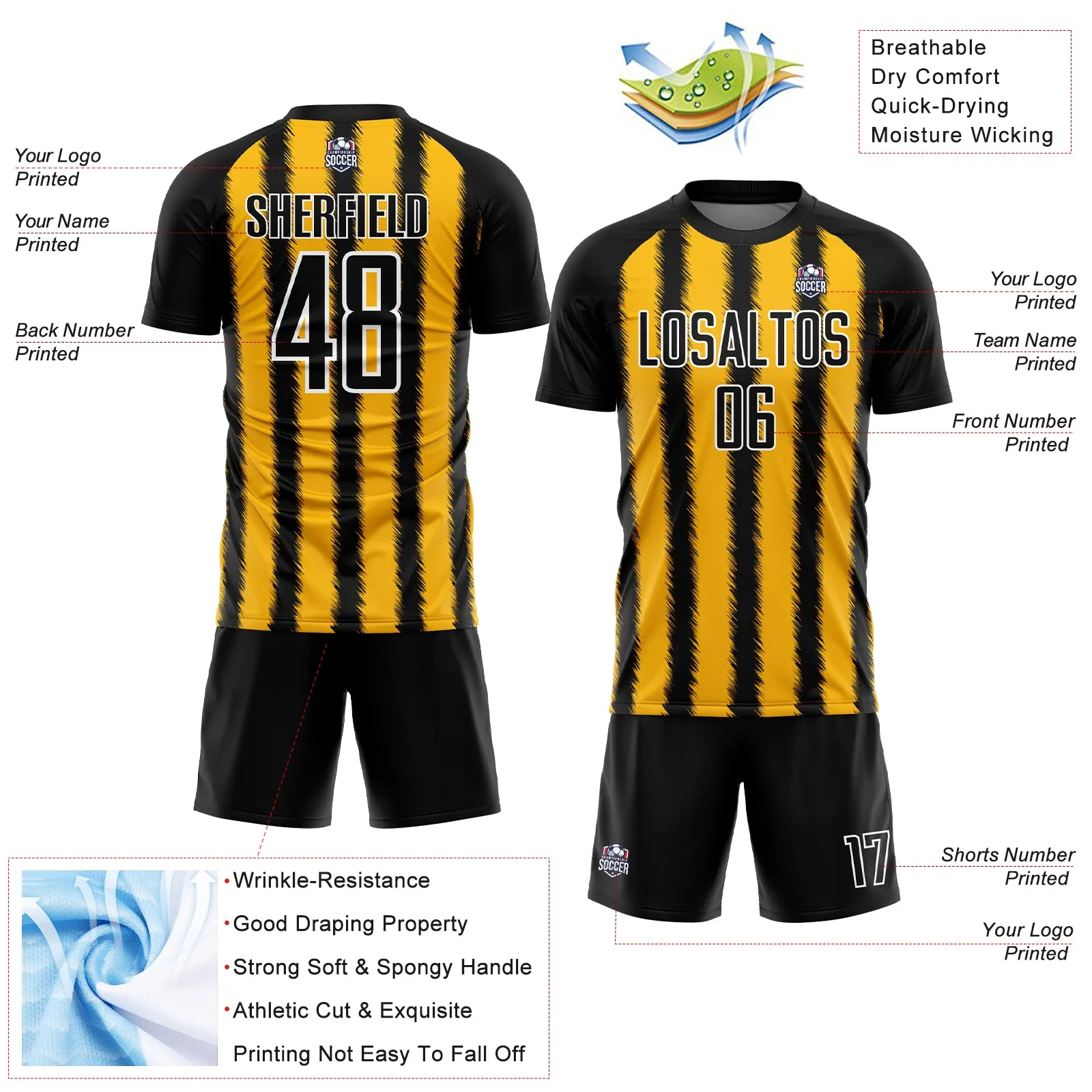 Custom Black Gold-White Line Sublimation Soccer Uniform Jersey