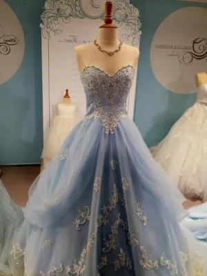 Custom Made Sweetheart Neck Lace Light Blue Wedding Dresses, Prom Dresses, Formal Dresses with Lace Flower