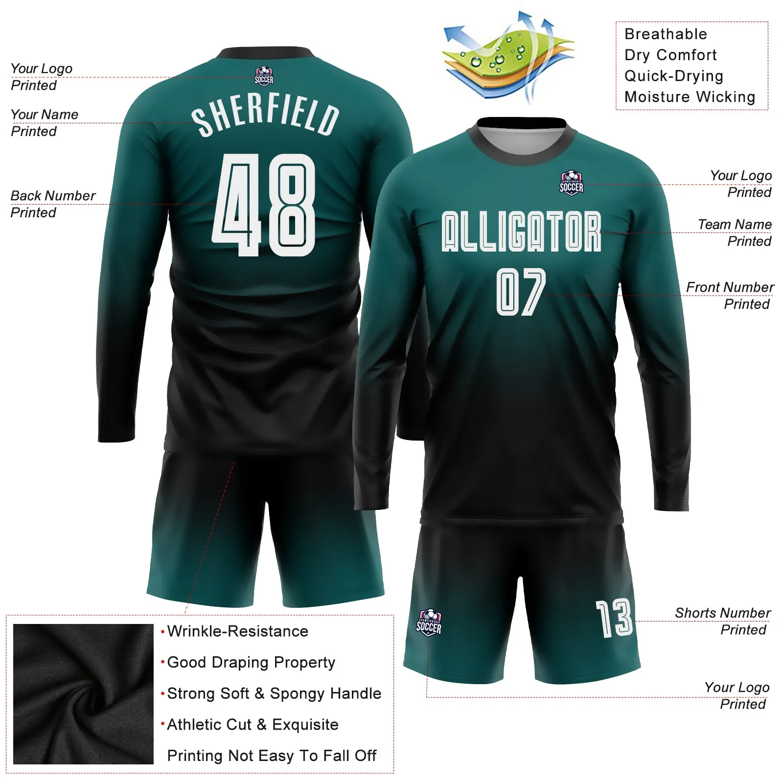 Custom Teal White-Black Sublimation Long Sleeve Fade Fashion Soccer Uniform Jersey