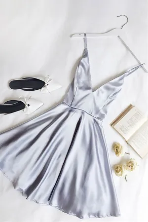 Cute Cheap Light Blue V Neck Satin Homecoming Dresses Short Prom Dresses, Light Blue Graduation Dresses, Formal Dresses