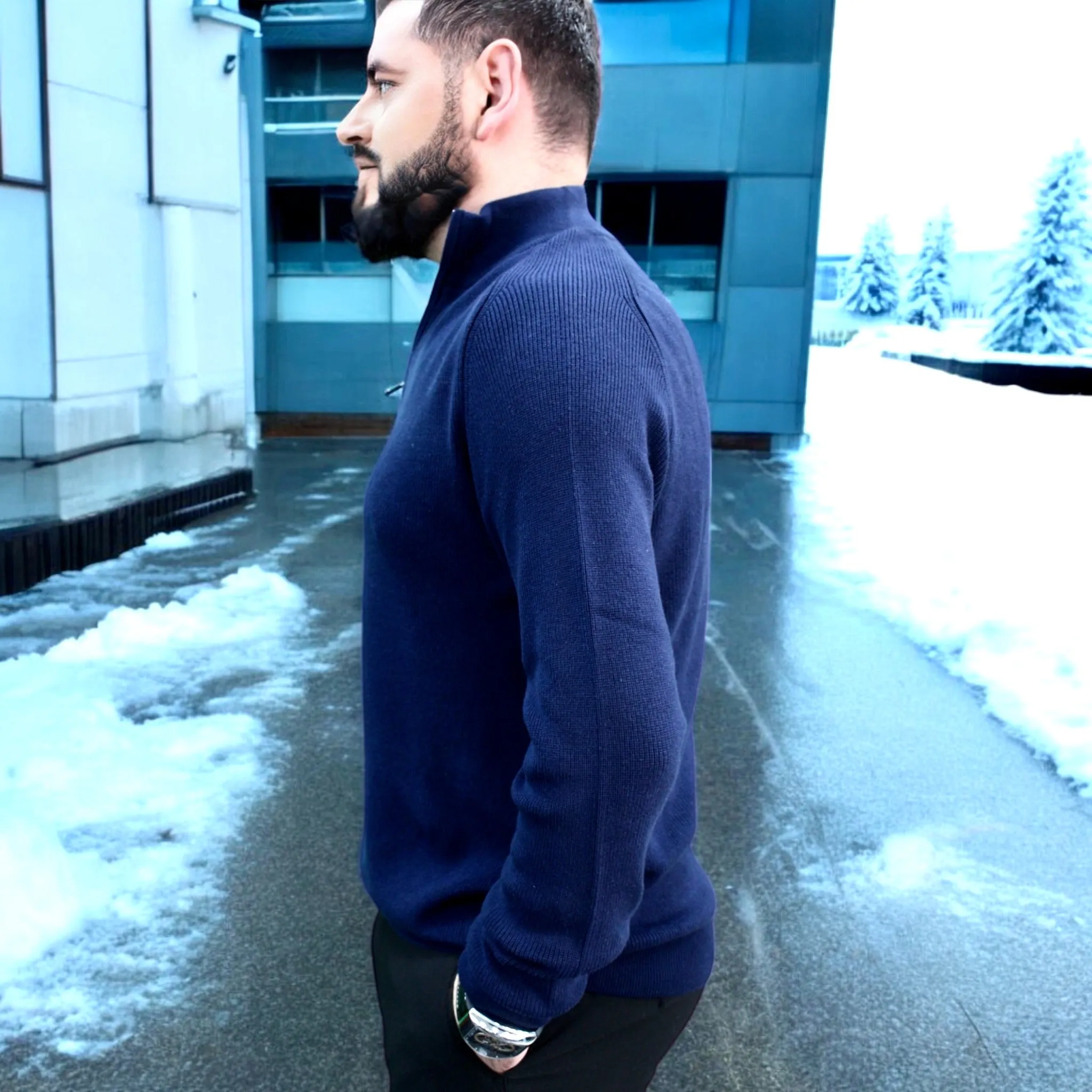 Dark Navy - Wool- Quarter Zipper,  Essential  Sweater