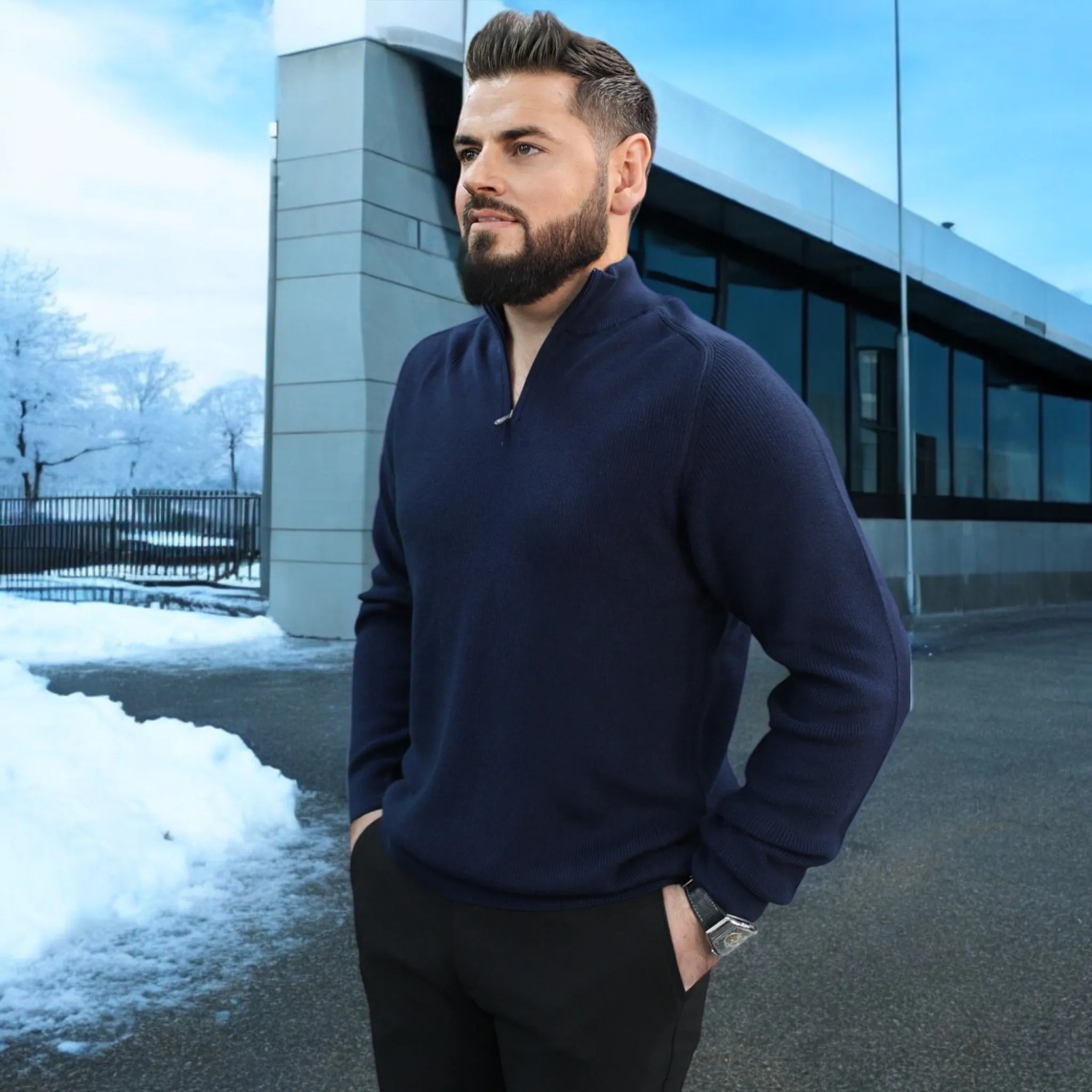 Dark Navy - Wool- Quarter Zipper,  Essential  Sweater