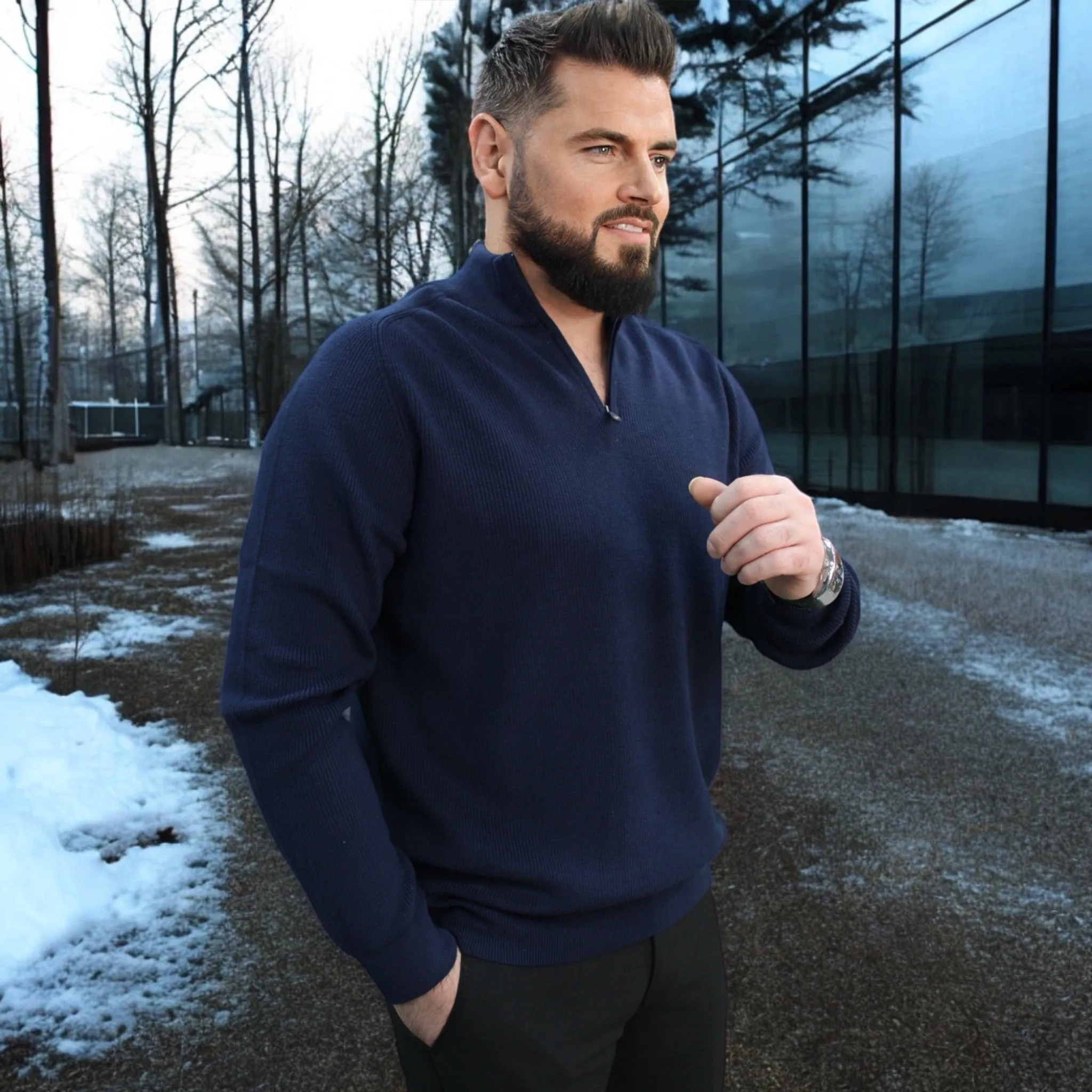 Dark Navy - Wool- Quarter Zipper,  Essential  Sweater
