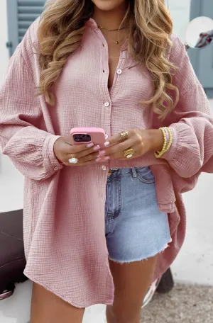 Diana Oversized Cotton Gauze Style Shirt Dress Top-Dusty Pink