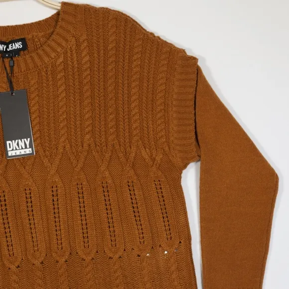 DKNY Jeans Women's Crew Neck Drawstring Hem Cropped Knit Sweater Brown Size M