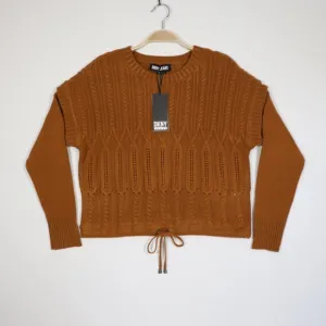 DKNY Jeans Women's Crew Neck Drawstring Hem Cropped Knit Sweater Brown Size M