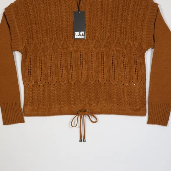 DKNY Jeans Women's Crew Neck Drawstring Hem Cropped Knit Sweater Brown Size M