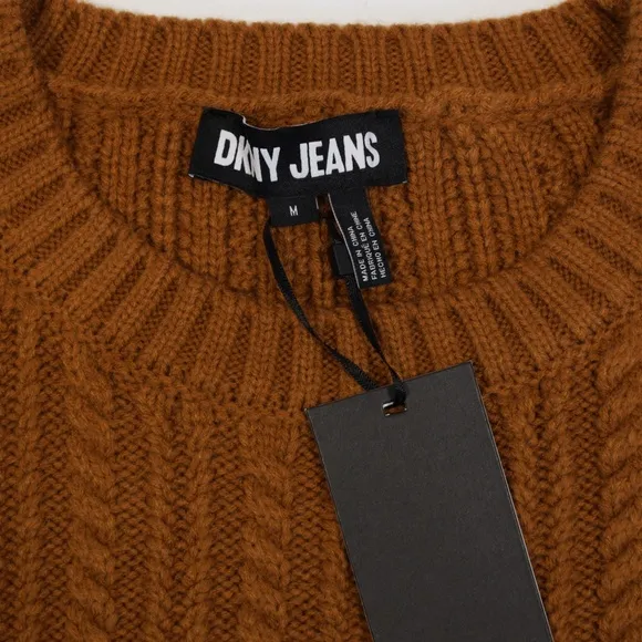 DKNY Jeans Women's Crew Neck Drawstring Hem Cropped Knit Sweater Brown Size M