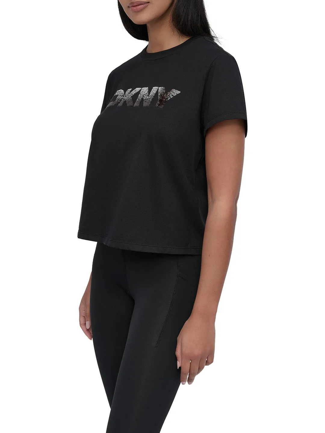 DKNY Women Black Solid Round Neck Tshirt