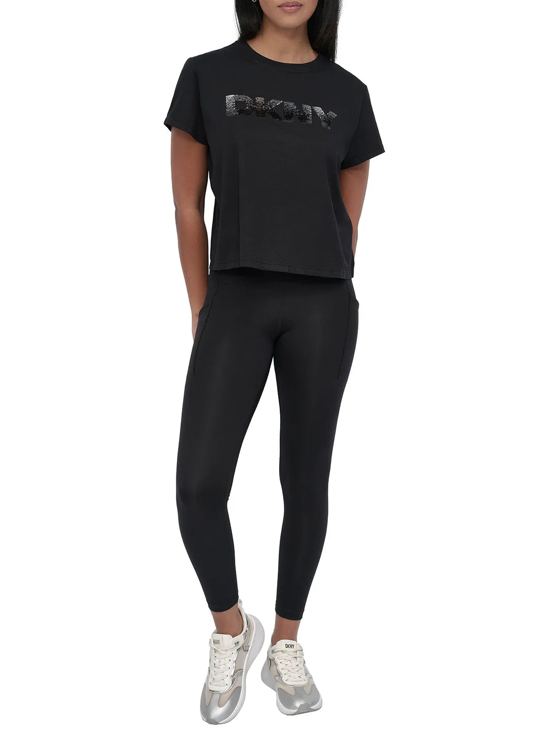 DKNY Women Black Solid Round Neck Tshirt