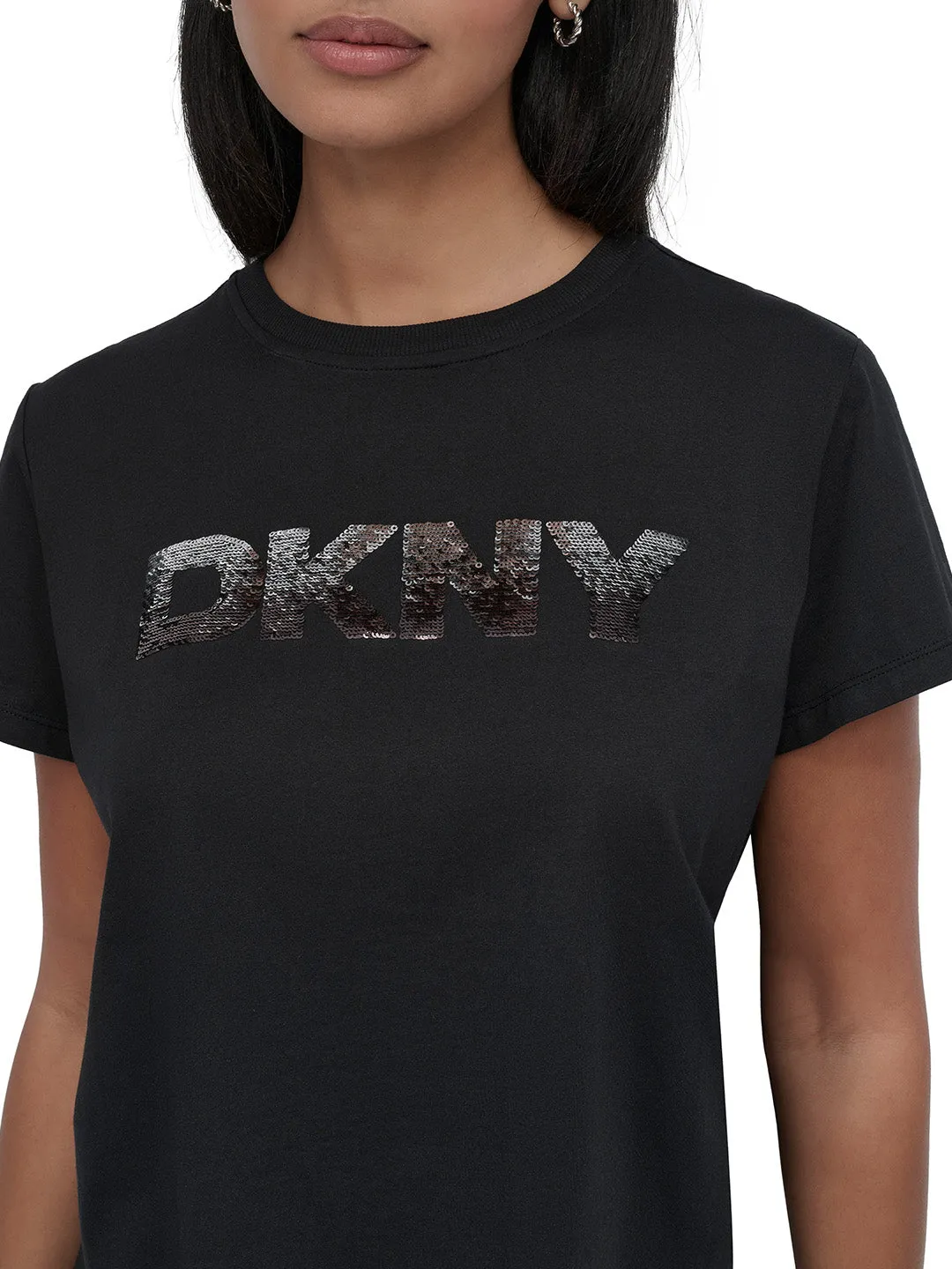 DKNY Women Black Solid Round Neck Tshirt