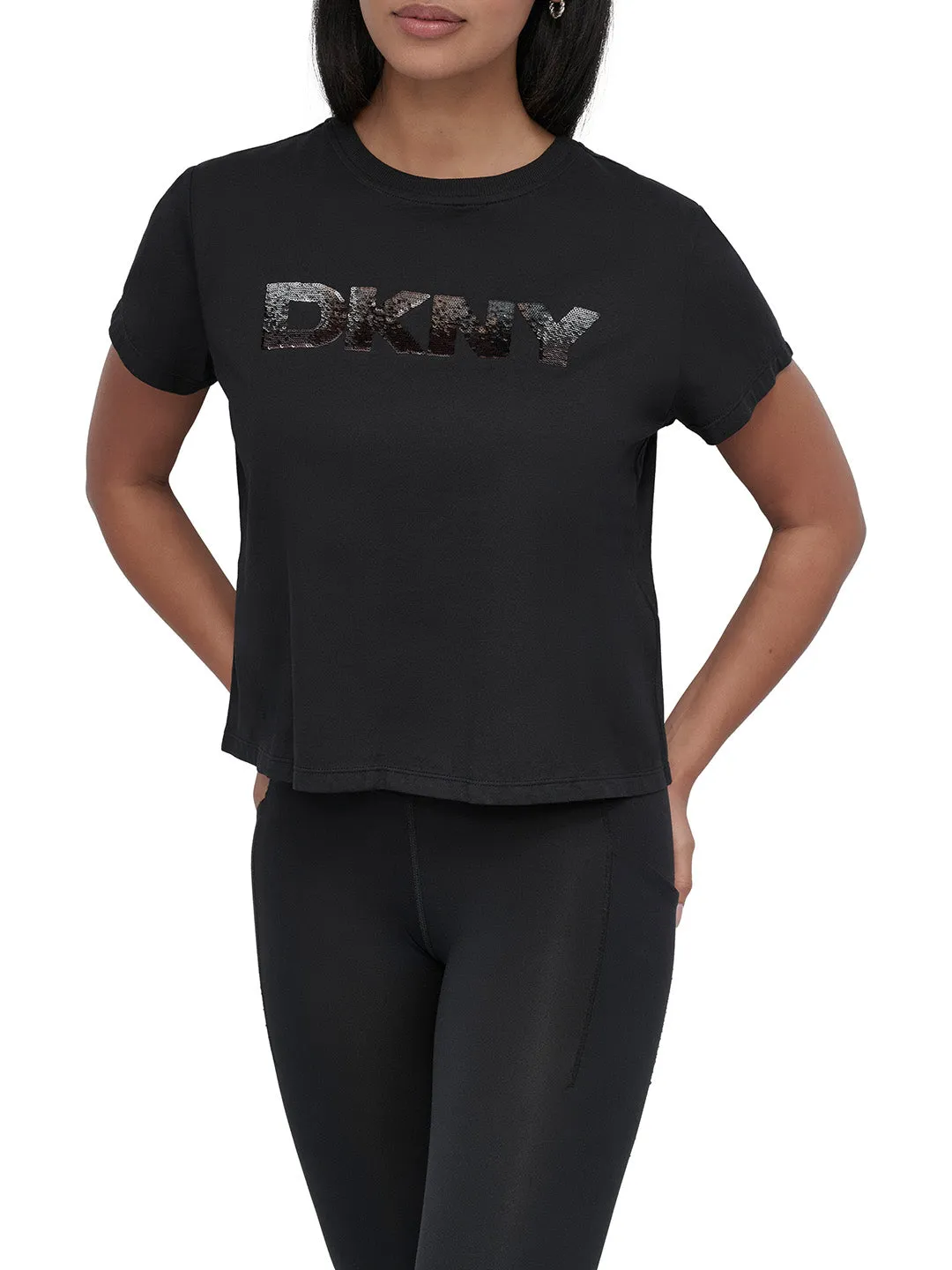 DKNY Women Black Solid Round Neck Tshirt