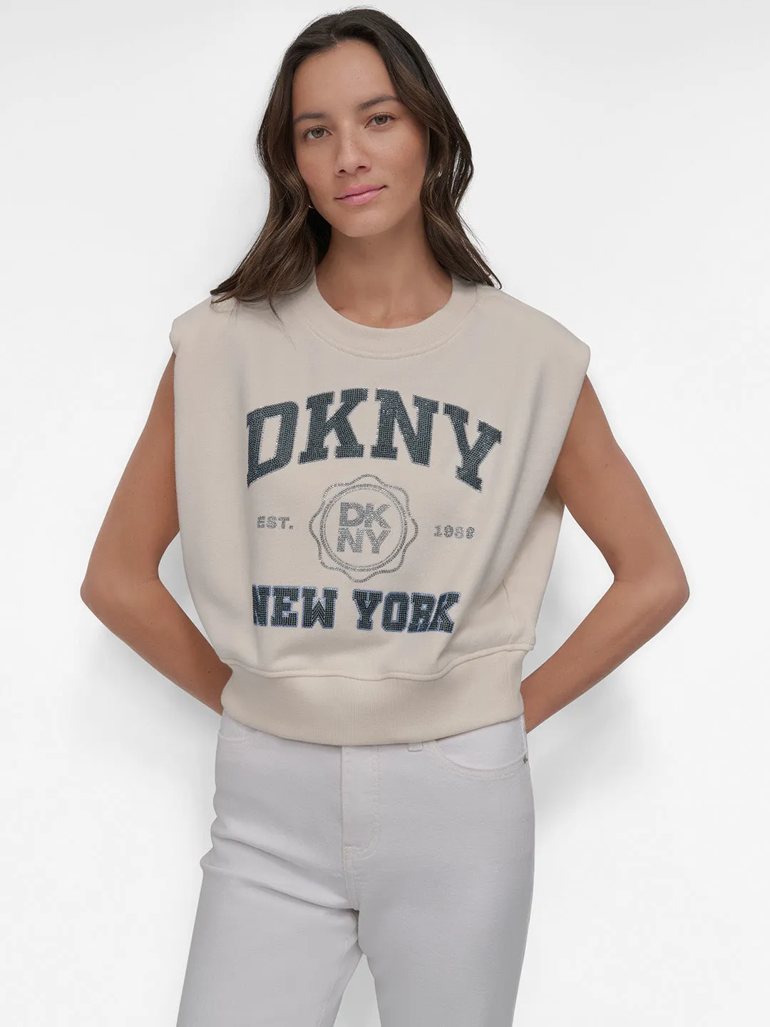 DKNY Women Crema Placement Print Round Neck Tshirt