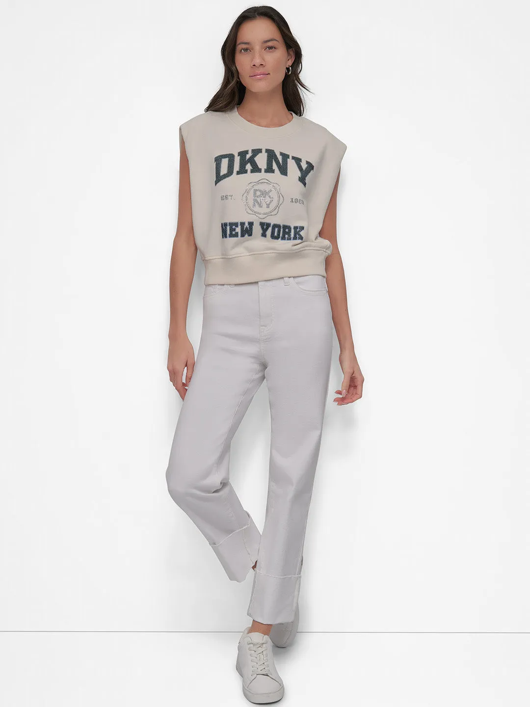 DKNY Women Crema Placement Print Round Neck Tshirt