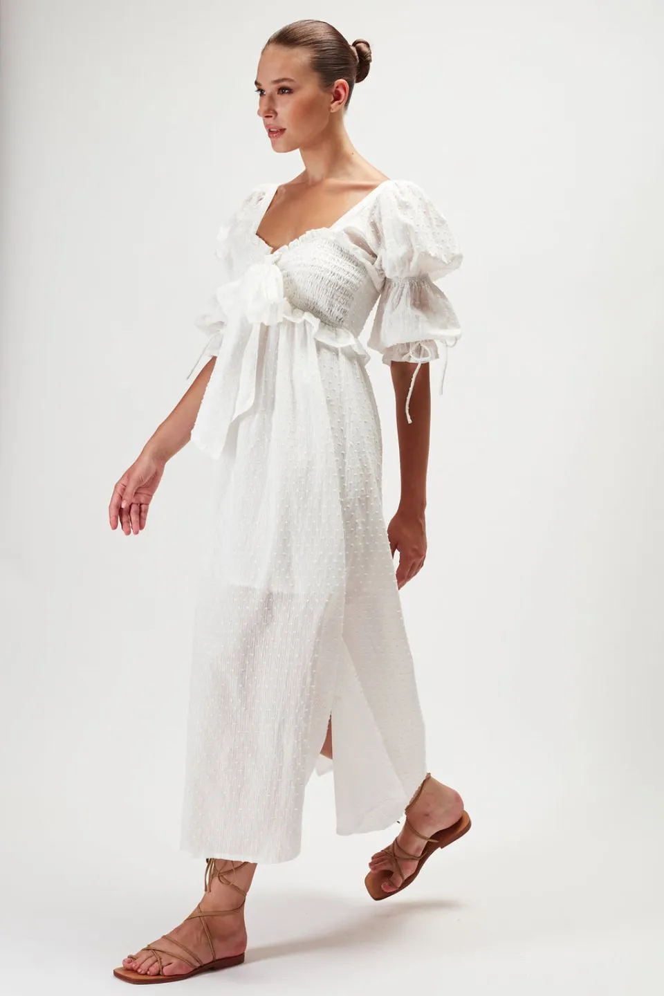 Doro White Double Puff Bow SS Midi Dress