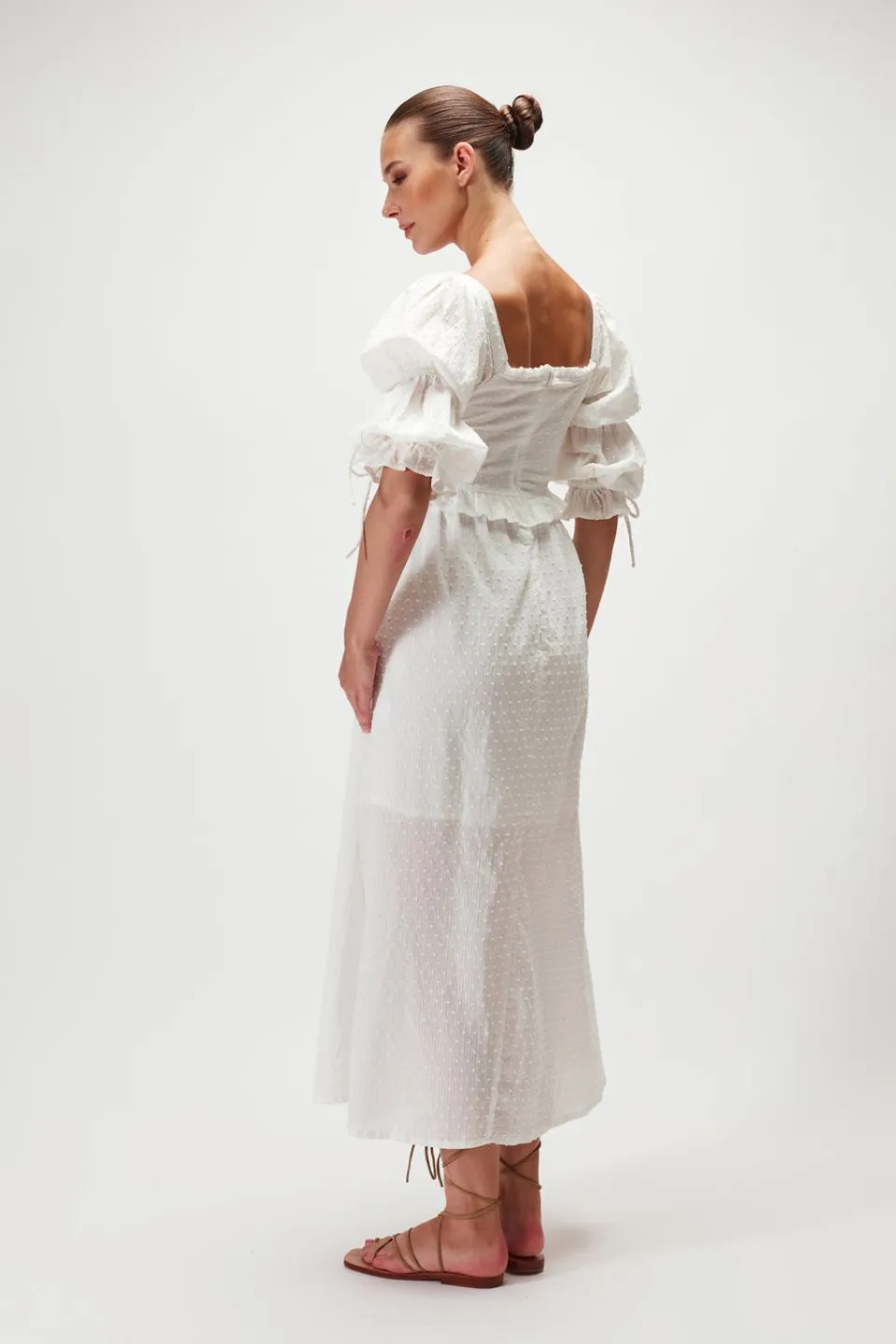 Doro White Double Puff Bow SS Midi Dress