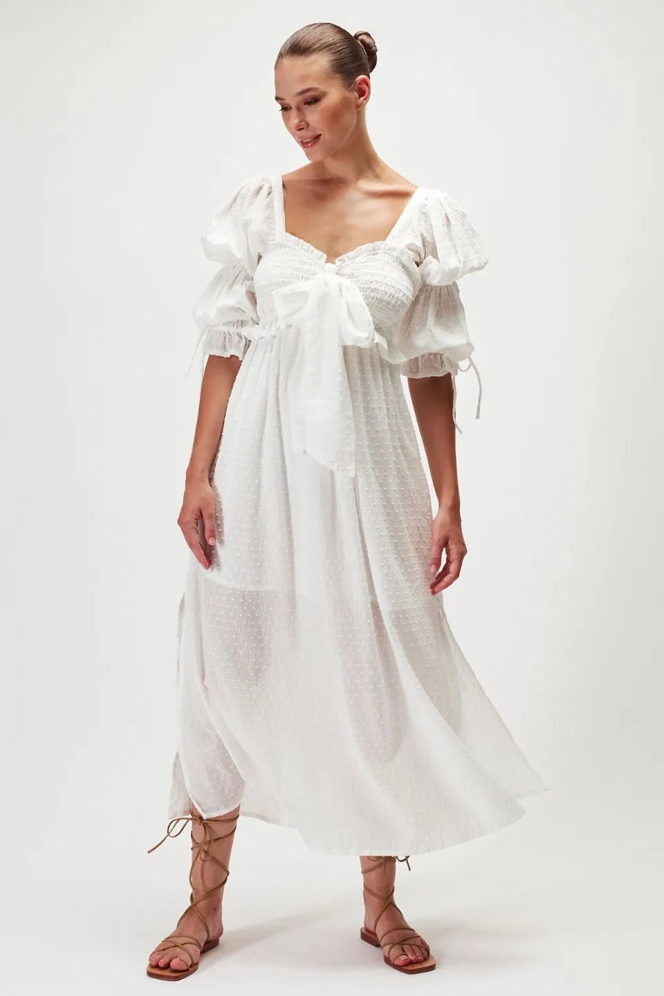 Doro White Double Puff Bow SS Midi Dress