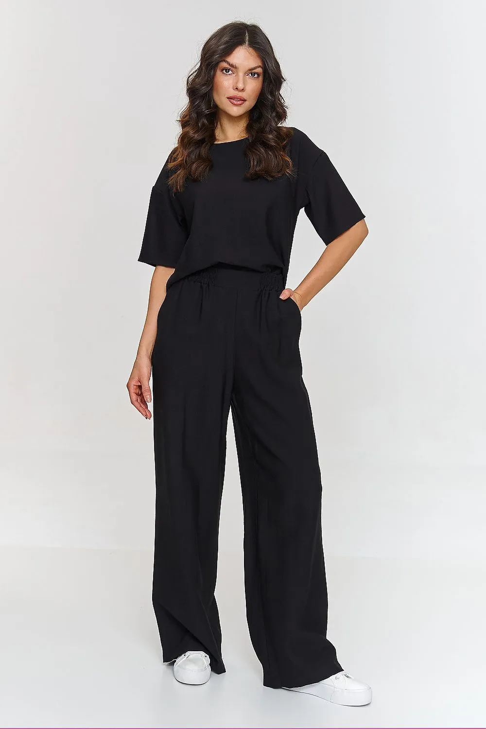 Draped Boxy Blouse Wide-Leg Trousers Set
