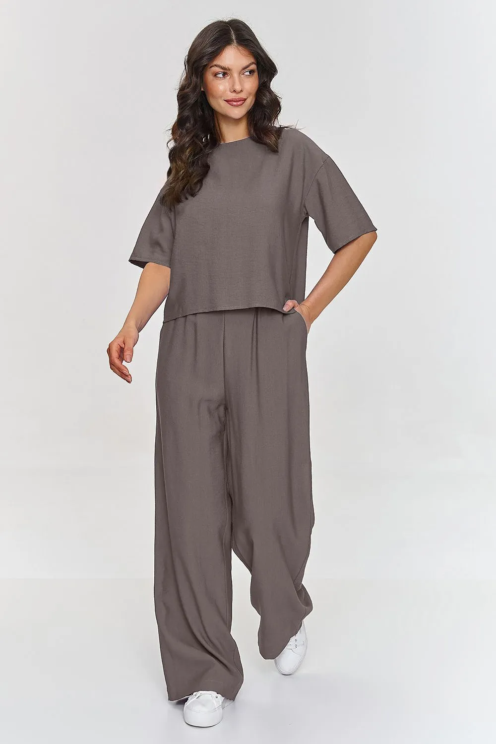 Draped Boxy Blouse Wide-Leg Trousers Set