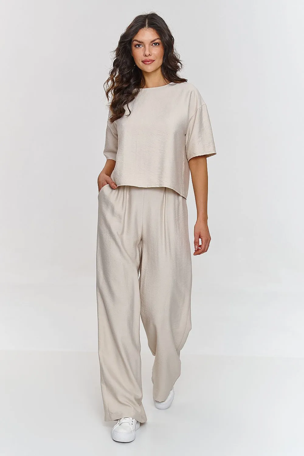 Draped Boxy Blouse Wide-Leg Trousers Set