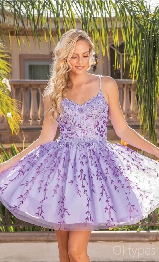Elegant Appliqued Purple Spaghetti Strap A-Line Women Mini Dresses Homecoming Dresses, PDS0575