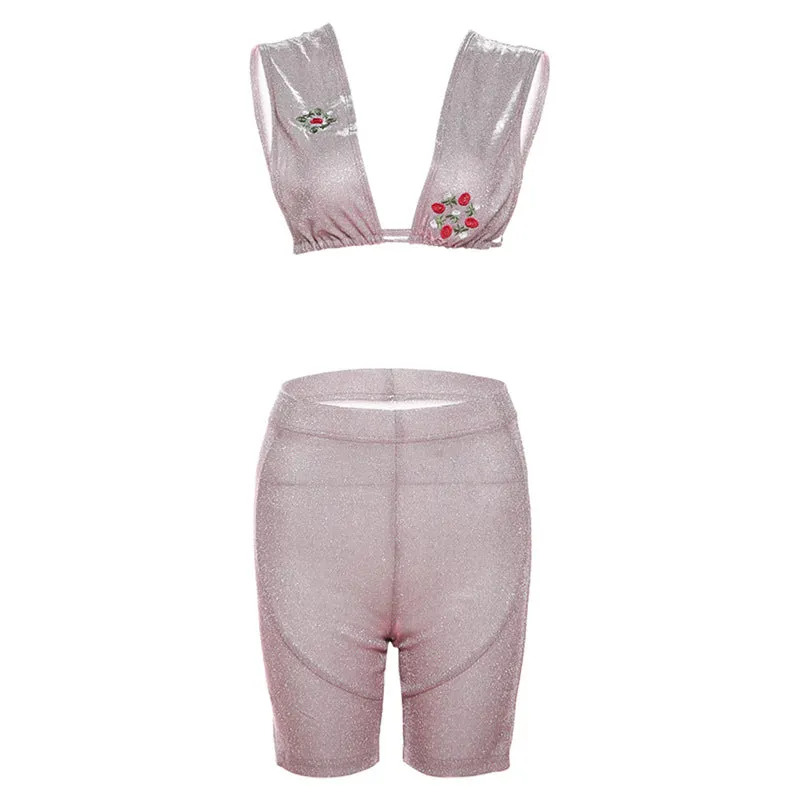Europe and America2023Fall Women's Clothing New Sexy Slim Fit Midriff-Baring Embroidered Vest High Waist Tight Casual Shorts Suit