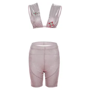 Europe and America2023Fall Women's Clothing New Sexy Slim Fit Midriff-Baring Embroidered Vest High Waist Tight Casual Shorts Suit